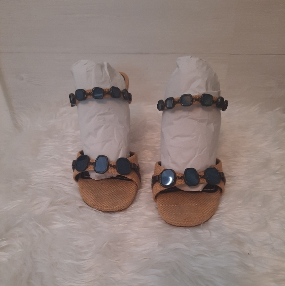 Louis Vuitton blue stone embellished canvas heels sandals sz 37 1/2 US 6.5 - Picture 7 of 10
